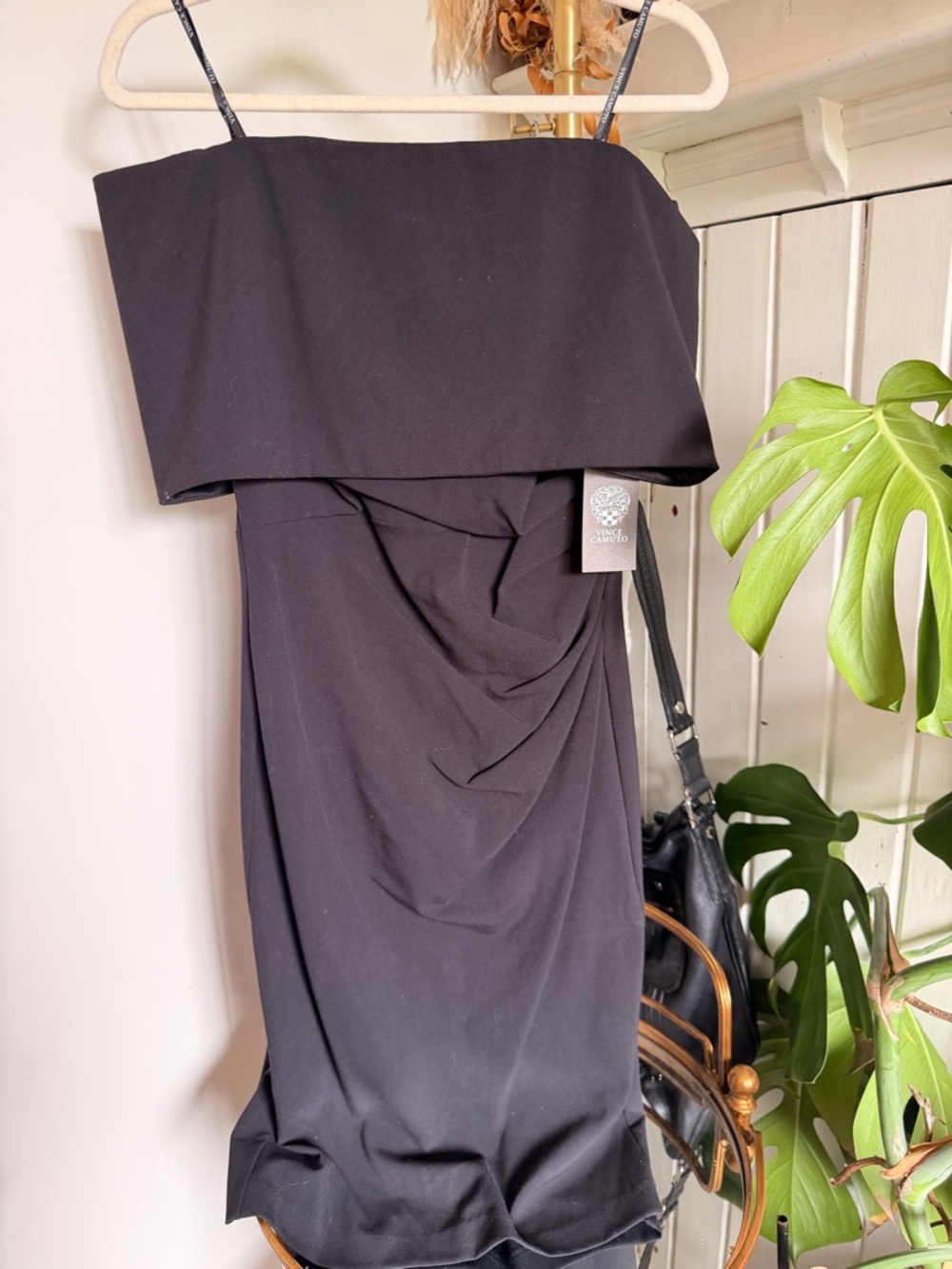 Vince Camuto Black Strapless Draped Sheath Dress